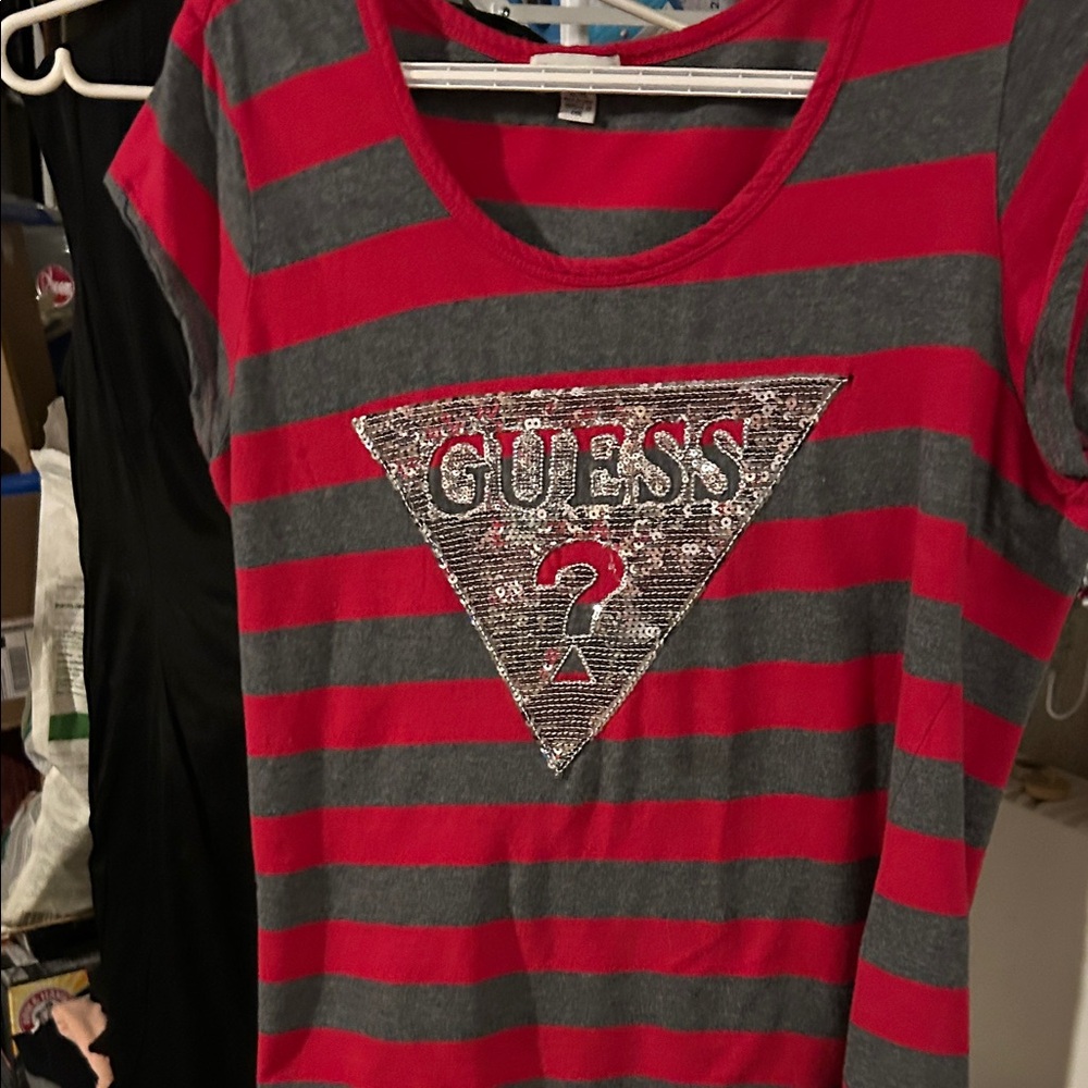 GUESS Kids Red and Gray Striped Tee with Sequin Logo